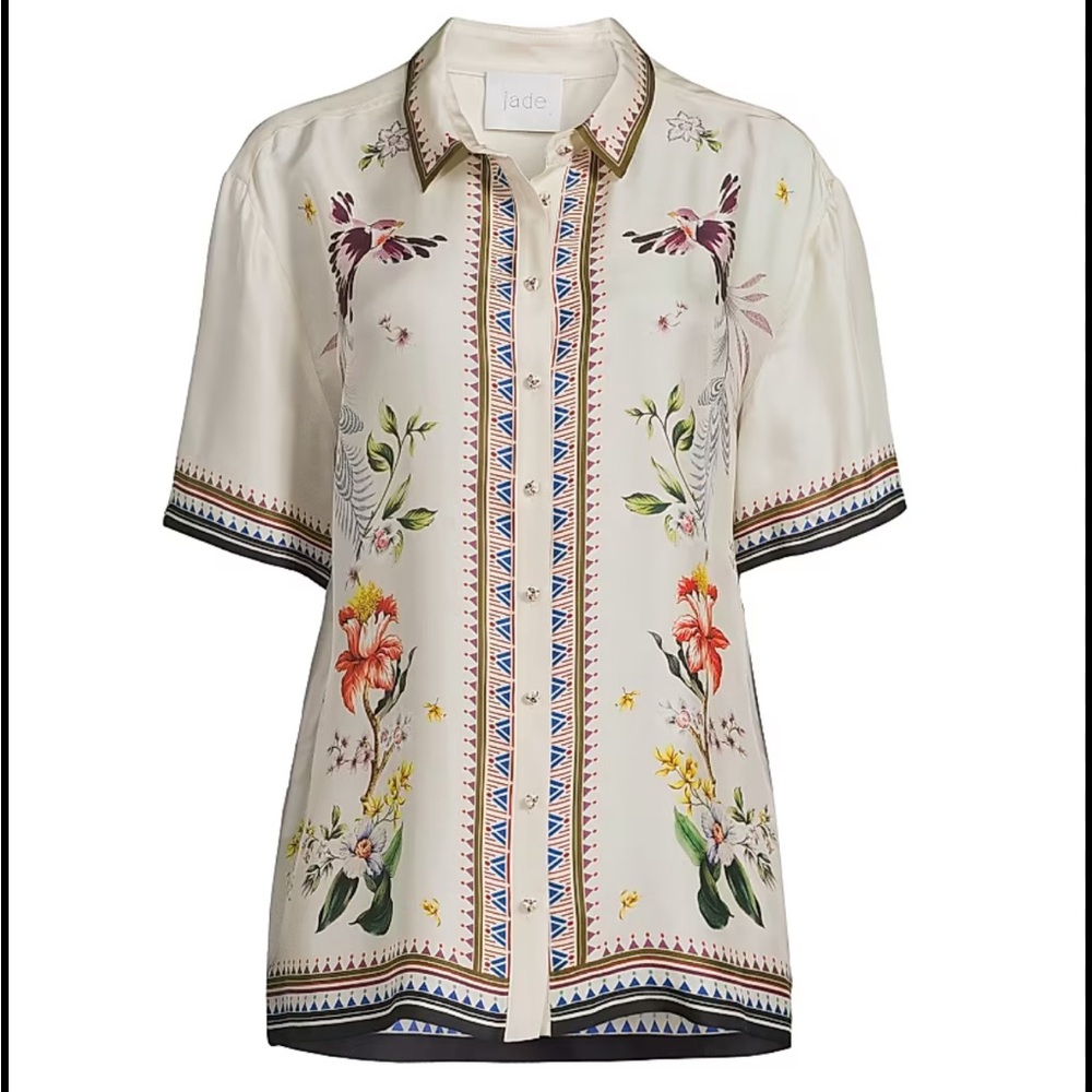 Johnny Was Jade Ophelia Floral Print Silk Blend Button-Down Shirt Top L,XL, Xxl